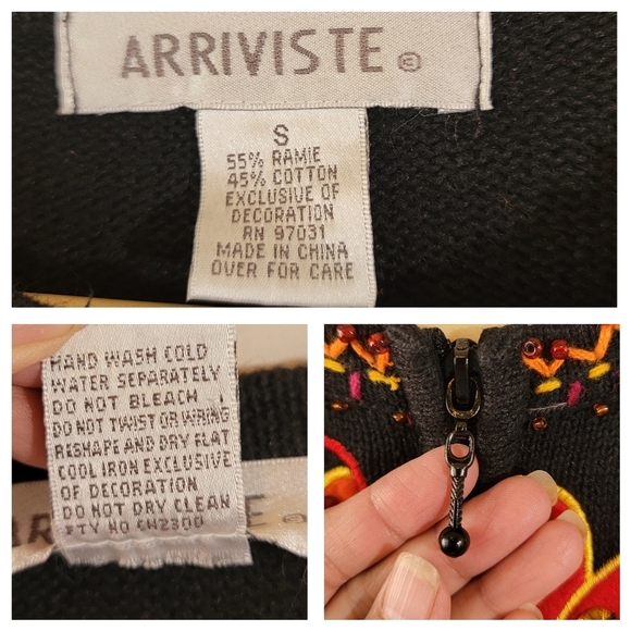 VTG 90's ARRIVISTE 3-D Knit Mix Media Full-Zip Sweater S Floral Birds Horse Cat - Picture 11 of 12